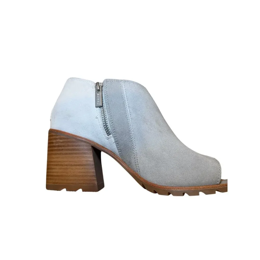 Sorel Gray Suede Peep‎ Toe Ankle Booties Block Heel Side Zip Women’s Size 9